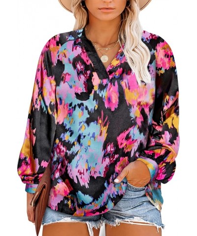 Plus Size Tops for Women Boho Floral Print V Neck Long Sleeve Summer Loose Blouse Shirts(1X-5X) A Black $19.13 Blouses