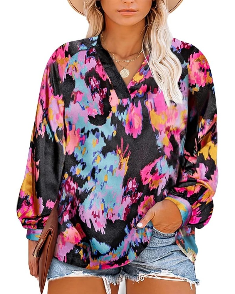 Plus Size Tops for Women Boho Floral Print V Neck Long Sleeve Summer Loose Blouse Shirts(1X-5X) A Black $19.13 Blouses