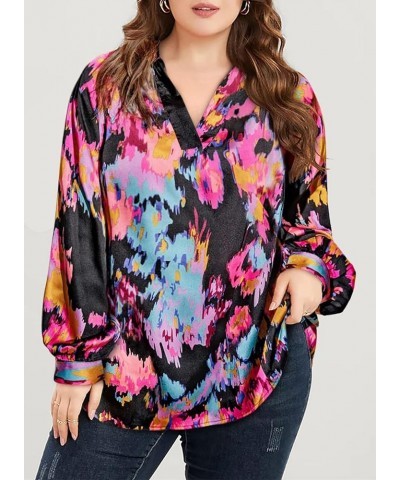 Plus Size Tops for Women Boho Floral Print V Neck Long Sleeve Summer Loose Blouse Shirts(1X-5X) A Black $19.13 Blouses