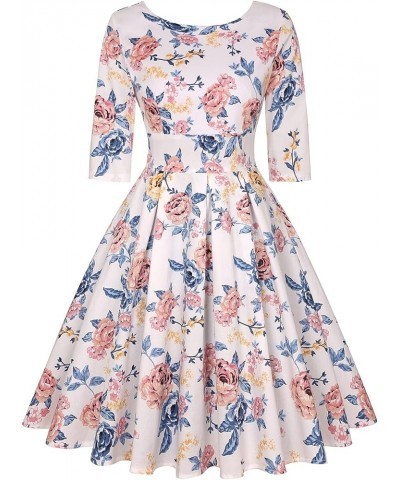 Women's 1950s Retro Vintage Cocktail Party 3/4 Sleeve Swing Dress Floral White Pink Blue $19.88 Dresses