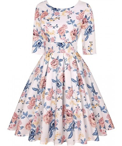 Women's 1950s Retro Vintage Cocktail Party 3/4 Sleeve Swing Dress Floral White Pink Blue $19.88 Dresses