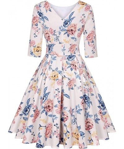 Women's 1950s Retro Vintage Cocktail Party 3/4 Sleeve Swing Dress Floral White Pink Blue $19.88 Dresses