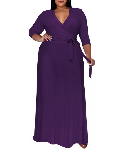 Plus Size Maxi Dress for Women - 3/4 Sleeve V Neck Printing Dresses for Women with Belt 2XL-6XL Purple $15.40 Dresses