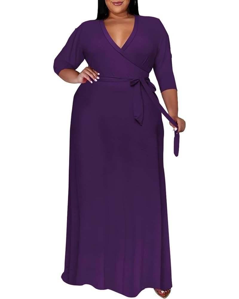 Plus Size Maxi Dress for Women - 3/4 Sleeve V Neck Printing Dresses for Women with Belt 2XL-6XL Purple $15.40 Dresses