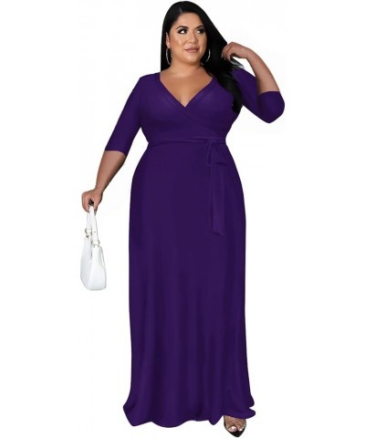 Plus Size Maxi Dress for Women - 3/4 Sleeve V Neck Printing Dresses for Women with Belt 2XL-6XL Purple $15.40 Dresses