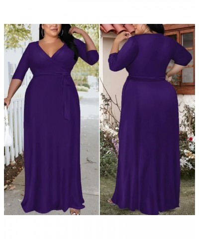 Plus Size Maxi Dress for Women - 3/4 Sleeve V Neck Printing Dresses for Women with Belt 2XL-6XL Purple $15.40 Dresses