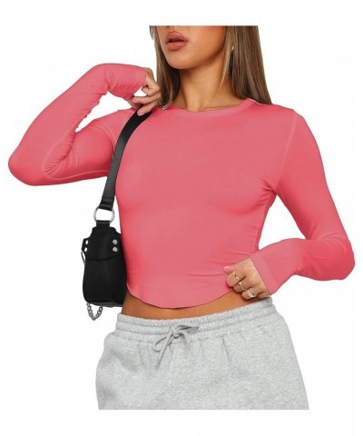 Women's Fall Casual Slim Fit Basic Crop Tops Solid Color Long Sleeve Crew Neck Pullover Tight Tee Shirts Streetwear Curved Pi...