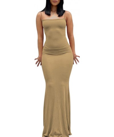 Women's Casual Lounge Slip Long Dress Sleeveless Bodycon Maxi Dresses Solid Color Khaki $14.05 Dresses