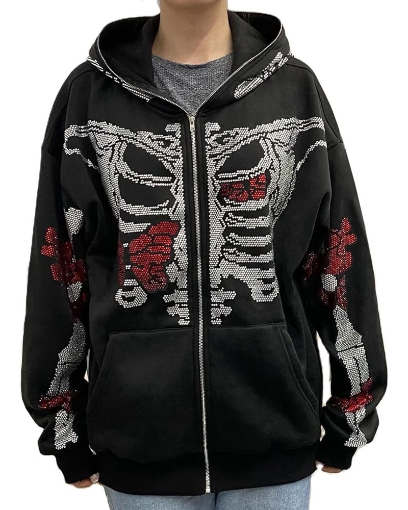 Oversized Zip Up Hoodie Sweatshirt for Women Teen Girls Y2k Gothic Skeleton Rhinestones Halloween Pullover Jacket Black 9 $14...