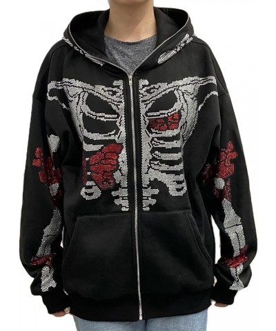 Oversized Zip Up Hoodie Sweatshirt for Women Teen Girls Y2k Gothic Skeleton Rhinestones Halloween Pullover Jacket Black 9 $14...