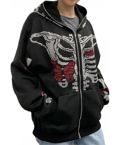 Oversized Zip Up Hoodie Sweatshirt for Women Teen Girls Y2k Gothic Skeleton Rhinestones Halloween Pullover Jacket Black 9 $14...