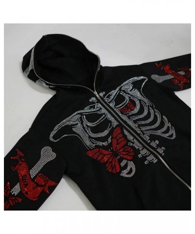 Oversized Zip Up Hoodie Sweatshirt for Women Teen Girls Y2k Gothic Skeleton Rhinestones Halloween Pullover Jacket Black 9 $14...