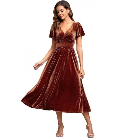 Women's V Neck A Line Velvet Midi Dress Flutter Sleeve Ruched Bridesmaid Cocktail Party Dress Caramel $41.85 Dresses