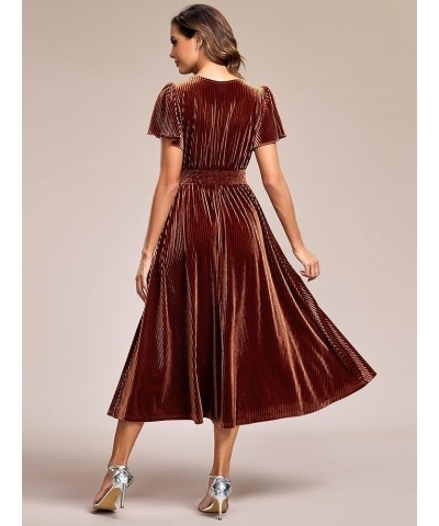 Women's V Neck A Line Velvet Midi Dress Flutter Sleeve Ruched Bridesmaid Cocktail Party Dress Caramel $41.85 Dresses