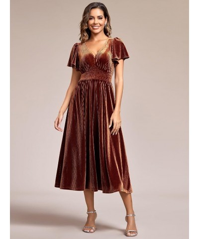 Women's V Neck A Line Velvet Midi Dress Flutter Sleeve Ruched Bridesmaid Cocktail Party Dress Caramel $41.85 Dresses