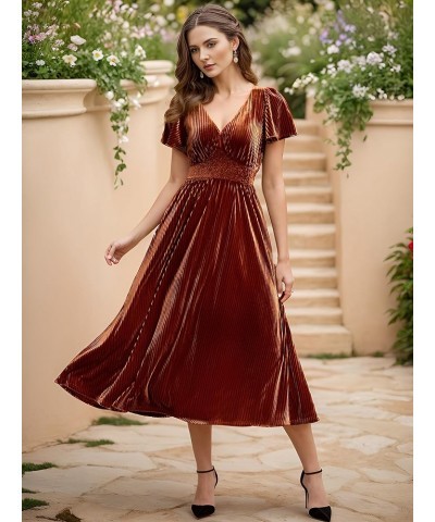 Women's V Neck A Line Velvet Midi Dress Flutter Sleeve Ruched Bridesmaid Cocktail Party Dress Caramel $41.85 Dresses