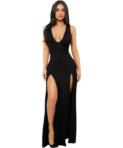 Women's Plunging Deep V Bandage High Split Sexy Dress Solid Bodycon Maxi Dress Black $30.15 Dresses