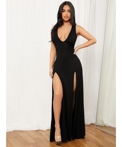 Women's Plunging Deep V Bandage High Split Sexy Dress Solid Bodycon Maxi Dress Black $30.15 Dresses