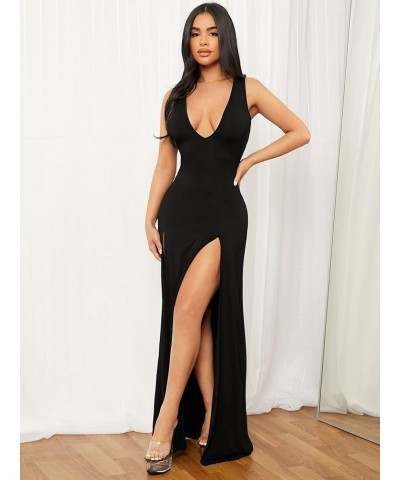 Women's Plunging Deep V Bandage High Split Sexy Dress Solid Bodycon Maxi Dress Black $30.15 Dresses