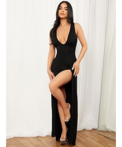 Women's Plunging Deep V Bandage High Split Sexy Dress Solid Bodycon Maxi Dress Black $30.15 Dresses