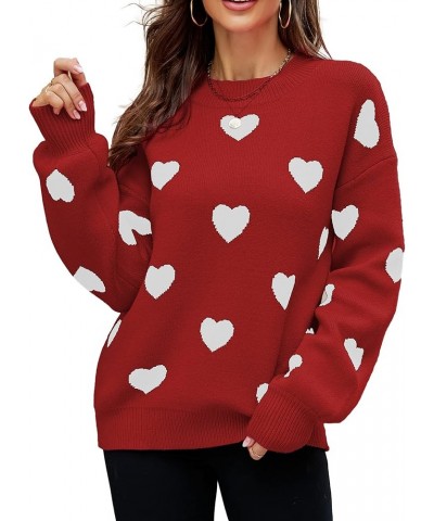 Women's Cute Heart Print Sweater Crew Neck Long Sleeve Chunky Warm Casual Knit Pullover 1_red $21.99 Sweaters