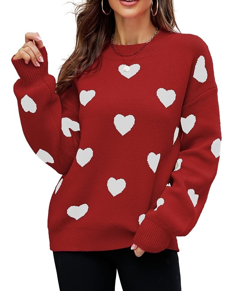 Women's Cute Heart Print Sweater Crew Neck Long Sleeve Chunky Warm Casual Knit Pullover 1_red $21.99 Sweaters