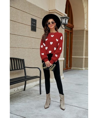 Women's Cute Heart Print Sweater Crew Neck Long Sleeve Chunky Warm Casual Knit Pullover 1_red $21.99 Sweaters