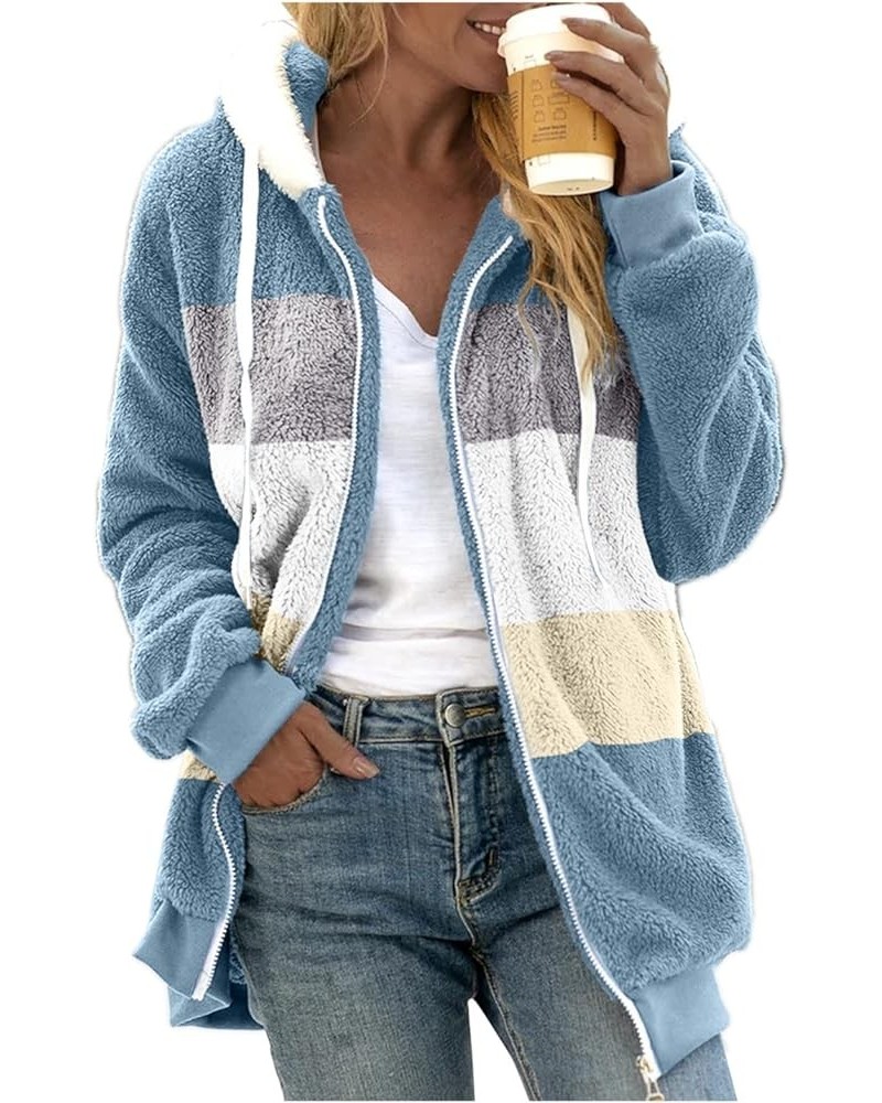 Winter Coats for Women Fuzzy Fleece Jacket Hooded Color Block Patchwork Cardigan Coats Outerwear with Pockets A8-blue $7.41 J...