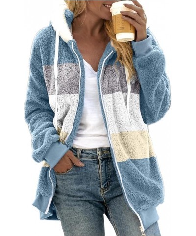 Winter Coats for Women Fuzzy Fleece Jacket Hooded Color Block Patchwork Cardigan Coats Outerwear with Pockets A8-blue $7.41 J...