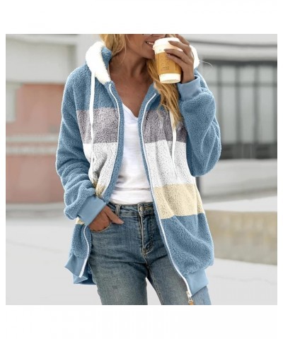 Winter Coats for Women Fuzzy Fleece Jacket Hooded Color Block Patchwork Cardigan Coats Outerwear with Pockets A8-blue $7.41 J...