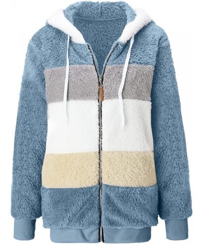 Winter Coats for Women Fuzzy Fleece Jacket Hooded Color Block Patchwork Cardigan Coats Outerwear with Pockets A8-blue $7.41 J...