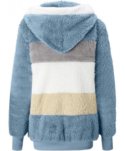 Winter Coats for Women Fuzzy Fleece Jacket Hooded Color Block Patchwork Cardigan Coats Outerwear with Pockets A8-blue $7.41 J...