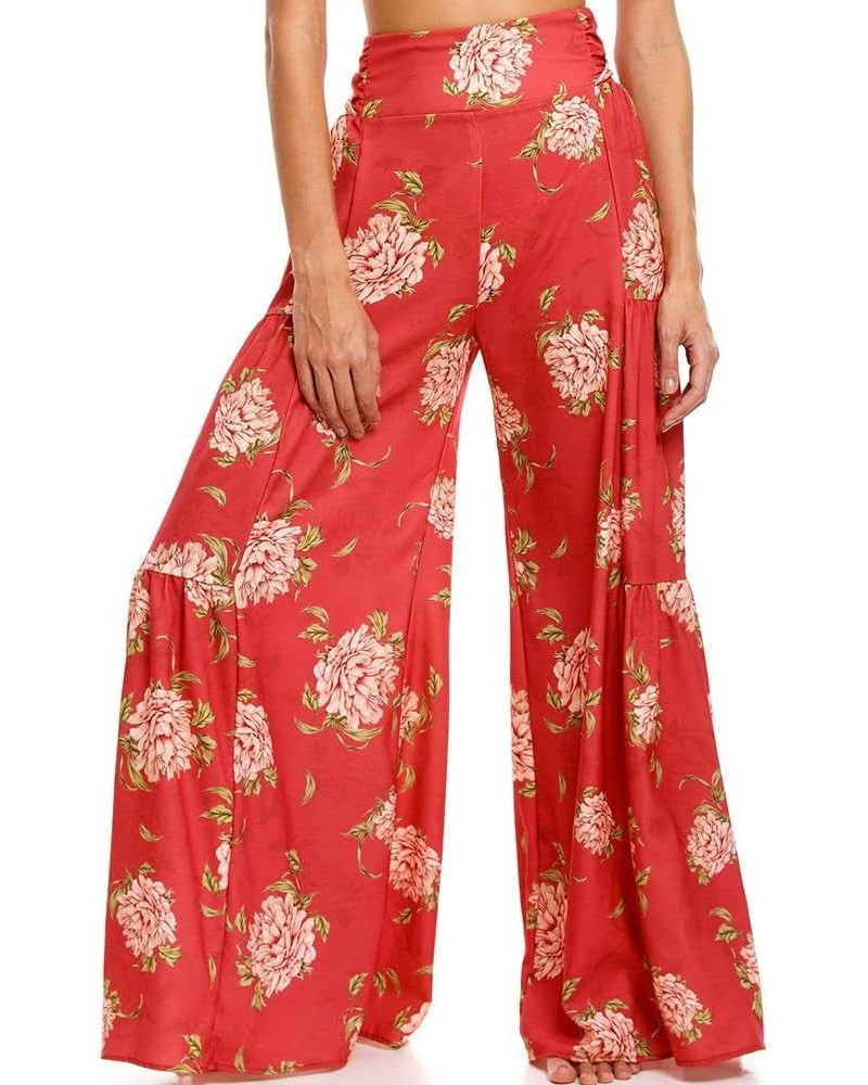 Womens Wide Leg Palazzo Pants Summer Loose Casual Beach Boho Floral Printed Trousers Bohemian Belted Pants Red Floral 2 $14.1...