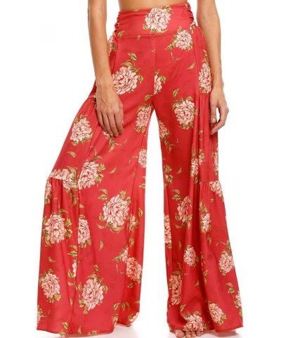 Womens Wide Leg Palazzo Pants Summer Loose Casual Beach Boho Floral Printed Trousers Bohemian Belted Pants Red Floral 2 $14.1...