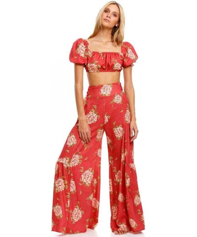 Womens Wide Leg Palazzo Pants Summer Loose Casual Beach Boho Floral Printed Trousers Bohemian Belted Pants Red Floral 2 $14.1...