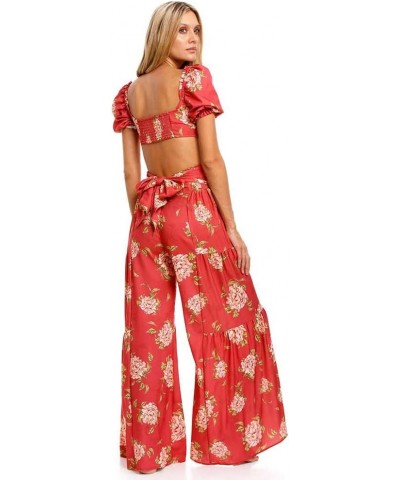 Womens Wide Leg Palazzo Pants Summer Loose Casual Beach Boho Floral Printed Trousers Bohemian Belted Pants Red Floral 2 $14.1...