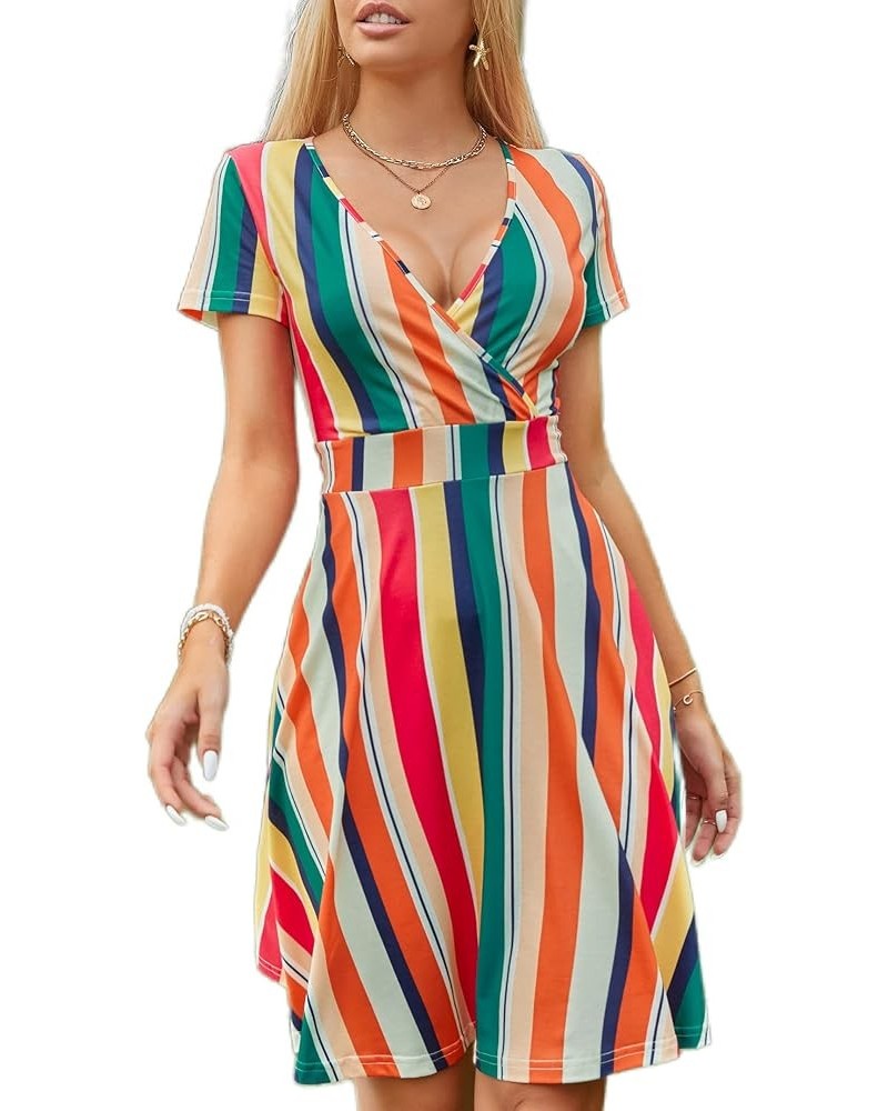 Summer Dress for Women 2023 Short Sleeve Unique Cross Wrap Casual Knee Length Sun Beach Dresses Colored Bars $10.50 Dresses