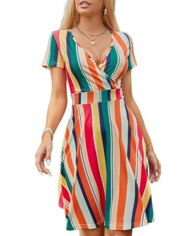 Summer Dress for Women 2023 Short Sleeve Unique Cross Wrap Casual Knee Length Sun Beach Dresses Colored Bars $10.50 Dresses