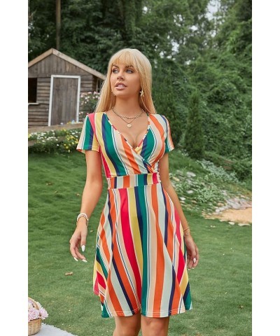 Summer Dress for Women 2023 Short Sleeve Unique Cross Wrap Casual Knee Length Sun Beach Dresses Colored Bars $10.50 Dresses