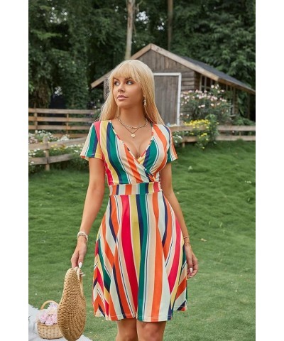 Summer Dress for Women 2023 Short Sleeve Unique Cross Wrap Casual Knee Length Sun Beach Dresses Colored Bars $10.50 Dresses