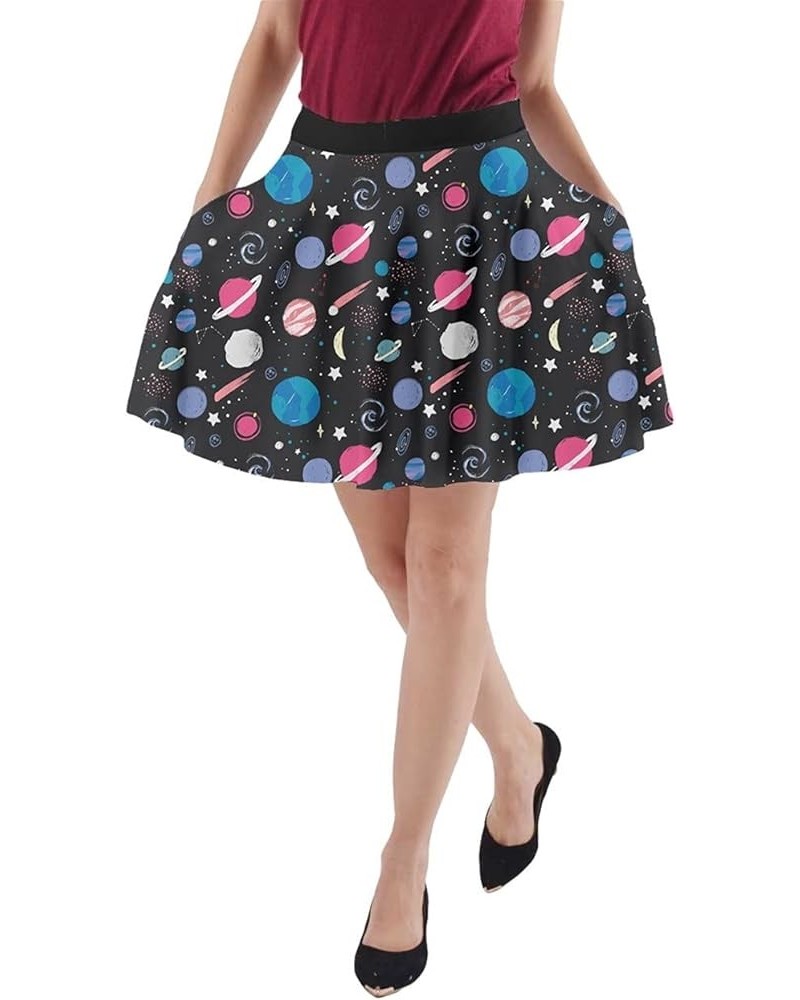 Womens A-line Skirt with Pockets Starry Night Sky Moon Stars Space Planets Mrs Frizzle Skater Skirt Dim Gray $15.00 Skirts