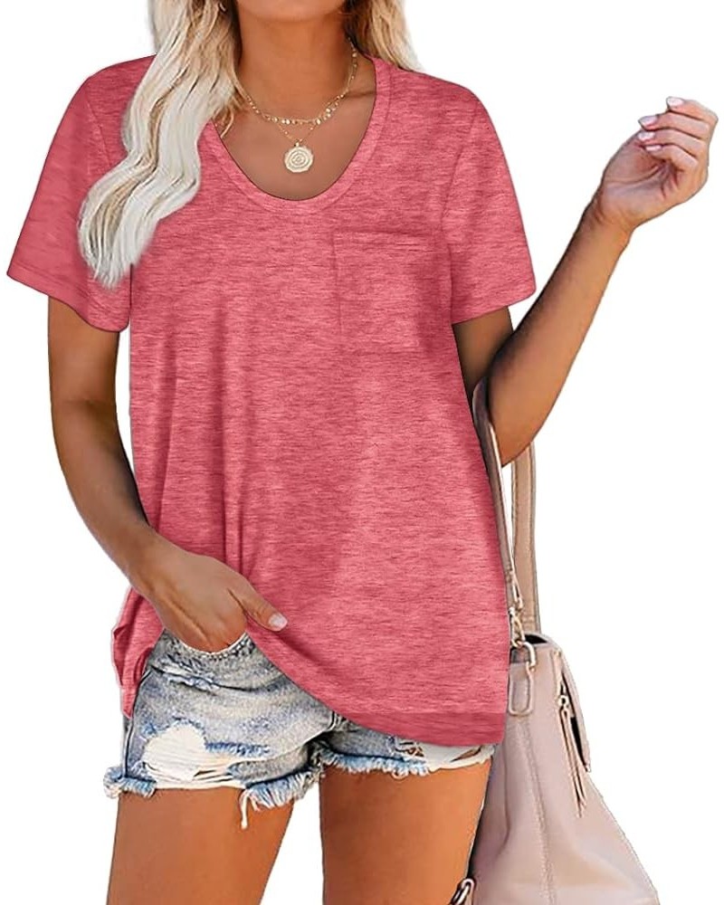 Women Summer T Shirts Short Sleeve Rounded V Neck Pocket Tee Tops 1-pink $12.00 T-Shirts