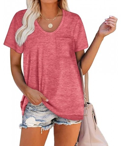 Women Summer T Shirts Short Sleeve Rounded V Neck Pocket Tee Tops 1-pink $12.00 T-Shirts