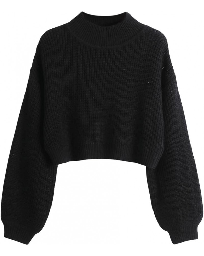 Women's Long Sleeve Mock Neck Cropped Sweater Drop Shoulder Pullover Sweater Lantern Sleeve Ribbed Knit Crop Top Black $19.37...