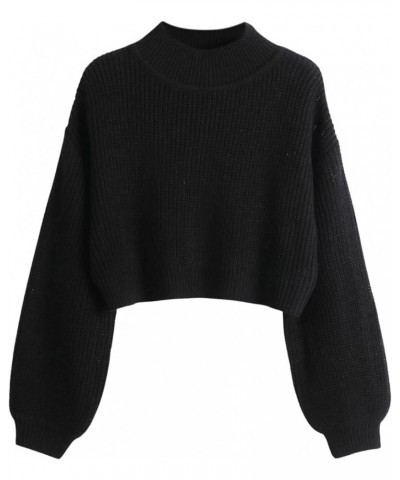 Women's Long Sleeve Mock Neck Cropped Sweater Drop Shoulder Pullover Sweater Lantern Sleeve Ribbed Knit Crop Top Black $19.37...