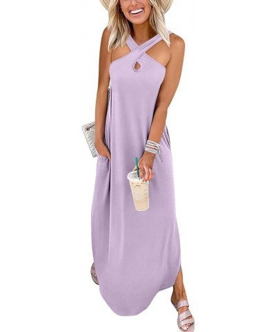 Women’s Casual Summer Maxi Dress Criss Cross Slit Side Sleeveless Loose Beach Long Sundress with Pockets Lilac $16.77 Dresses