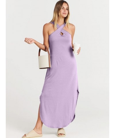 Women’s Casual Summer Maxi Dress Criss Cross Slit Side Sleeveless Loose Beach Long Sundress with Pockets Lilac $16.77 Dresses