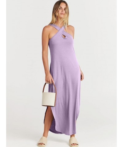 Women’s Casual Summer Maxi Dress Criss Cross Slit Side Sleeveless Loose Beach Long Sundress with Pockets Lilac $16.77 Dresses