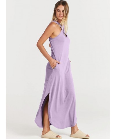 Women’s Casual Summer Maxi Dress Criss Cross Slit Side Sleeveless Loose Beach Long Sundress with Pockets Lilac $16.77 Dresses