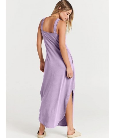 Women’s Casual Summer Maxi Dress Criss Cross Slit Side Sleeveless Loose Beach Long Sundress with Pockets Lilac $16.77 Dresses